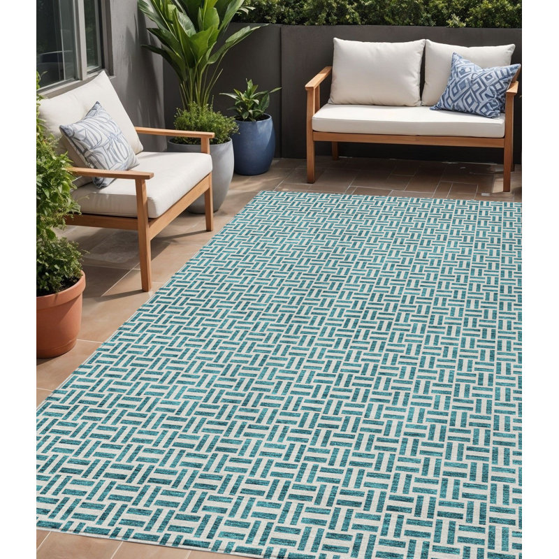 Tapis extérieur bleu sarcelle lavable géométrique 5 pi x 8 pi bleu et argent