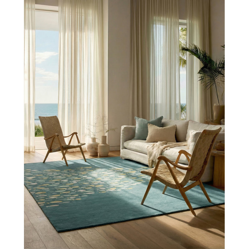 Tapis bleu / gris en laine / soie touffetée à la main Farley, Rectangle 5 pi x 8 pi