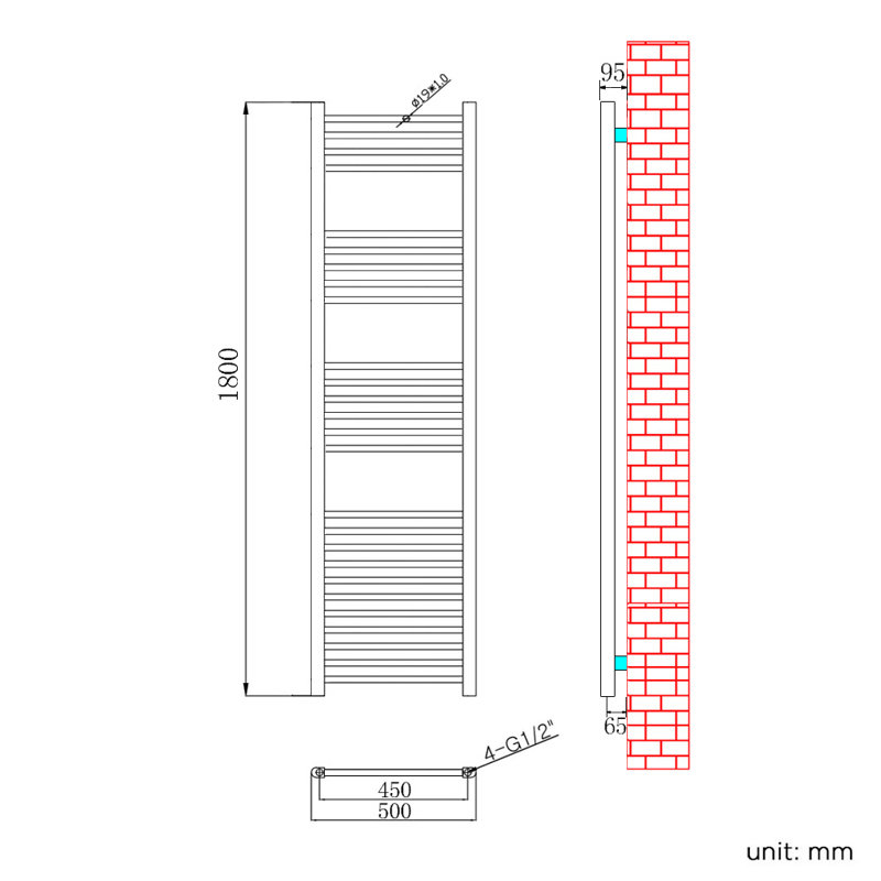 Mailelani Straight Towel Rail Heated Towel Rails, 1800mm H x 500mm W x 30mm D