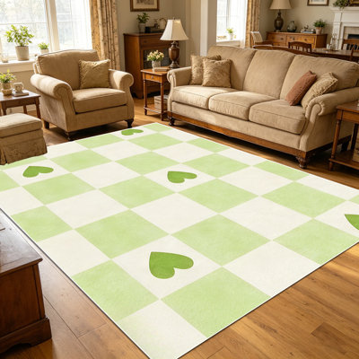 1PC Green Checkerboard Heart Pattern area rugs for Living Room, Soft and Comfortable, Suitable for all seasons, easy-to-maintain, machine washable Indoor floor mat, Under Table Farmhouse suitable for dining table, bedroom, entryway, kitchen,