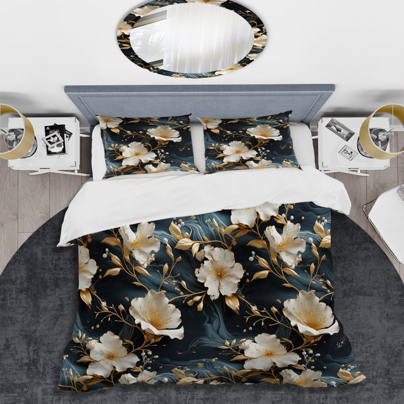 Literie en marbre doré à motif floral blanc, Housse de couette simple + 1 taie décorative stan