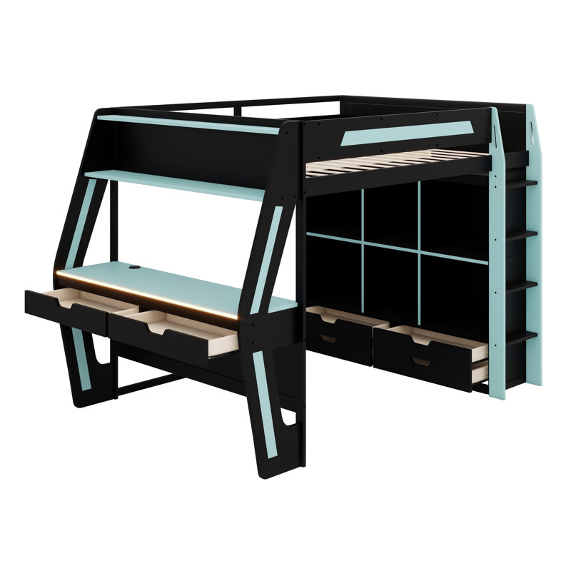 Gamer Loft Bed Frame with Desk, Smart RGB Lighting System, USB Charging, Storage Shelves and Safety Staircase, Black+Blue