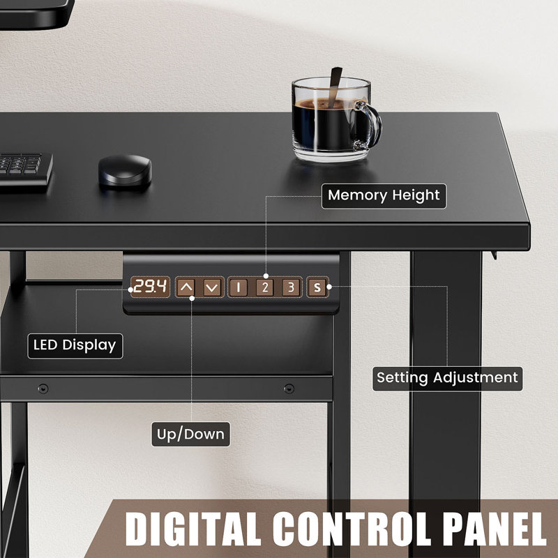 Adjustable Height L-shaped Standing Desk With Led Lights & Power Outlet, With Storage, Black