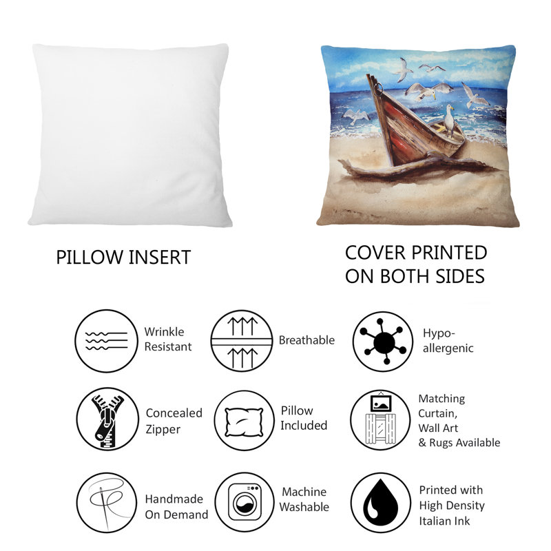 Un vieux bateau de pêche sur la plage de sable - Coussin décoratif imprimé nautique et côtier 1