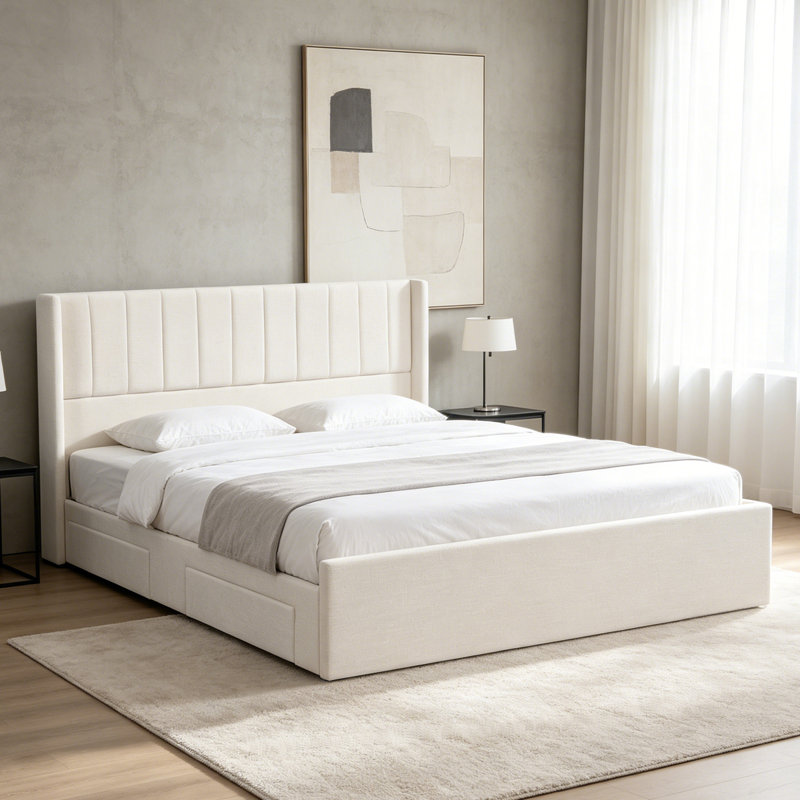 Lit plateforme en chenille avec tête de lit à oreilles et 4 tiroirs de rangement sous le lit, Grand lit