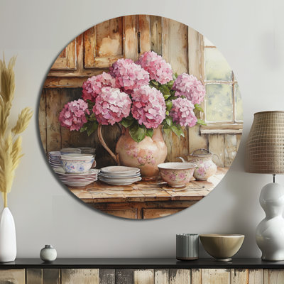 Hortensias dans la ferme II - Décoration murale ronde en métal hydrangées
