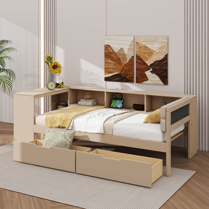 Lit plateforme luxueux avec tablettes de rangement, tiroirs, station de charge intégrée et tête de lit tapissier, Simple