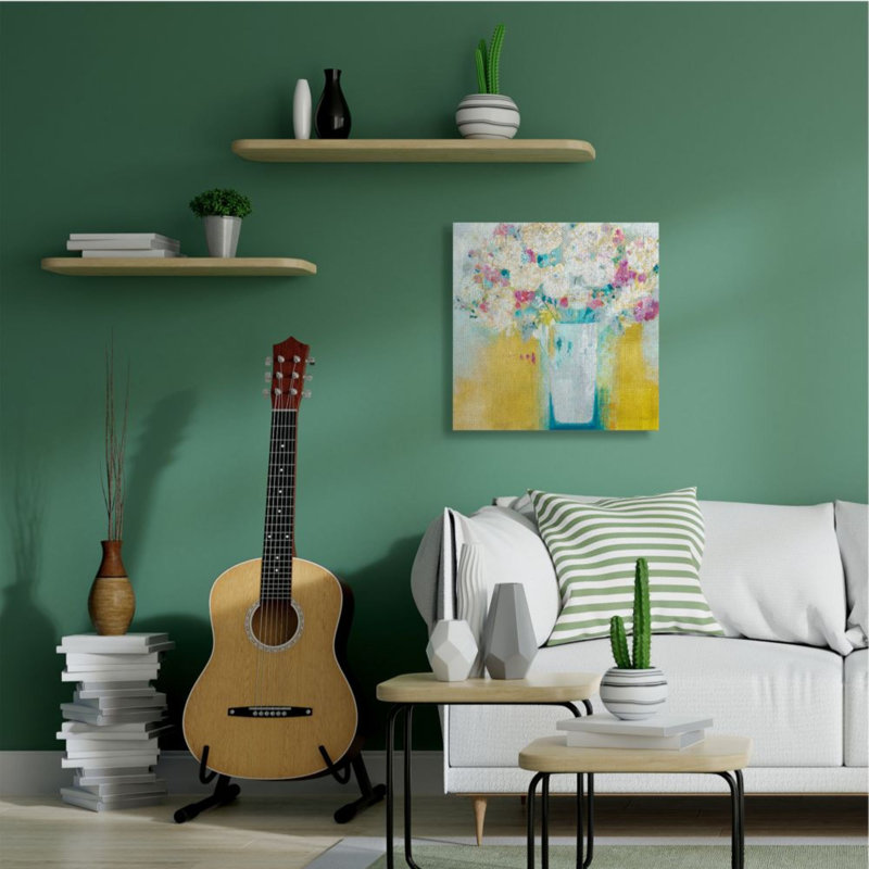 Vibrant, œillets, jaune, rose, blanc, fleurs abstraites - impression d'art graphique, Wrapped Canvas, 36" H x 36" W x 1.5" D