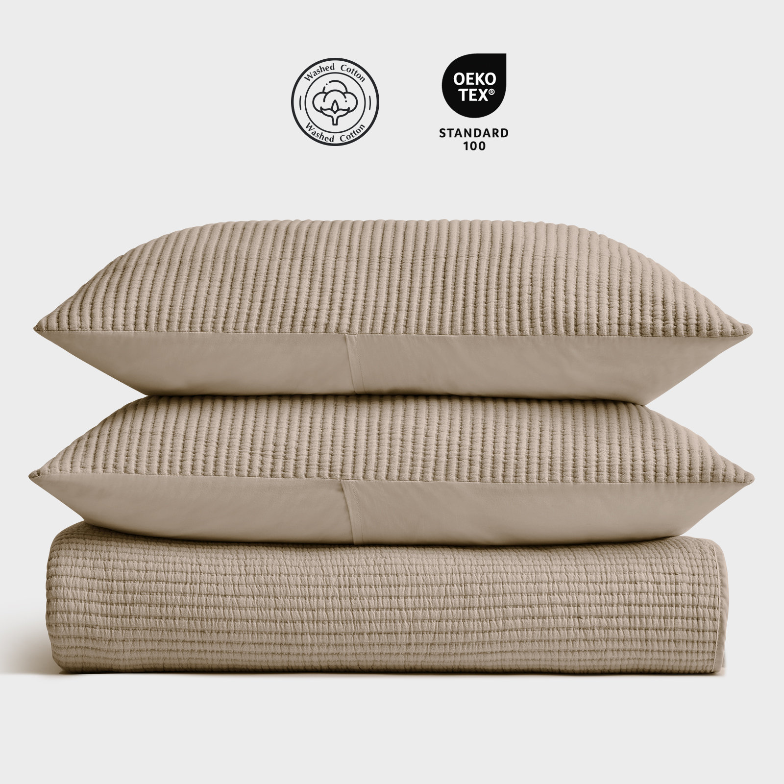 Ribbed Matelassé Cotton Coverlet Set, King Quilt + 2 King Shams, Urban Taupe