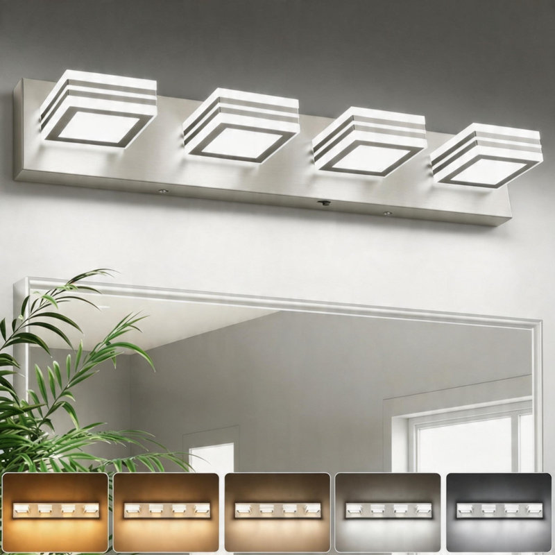 4-Light Brushed Nickel Dimmable LED Vanity Light, 26 in. with 5-Color Temperature Selectable, Rectangular Acrylic Shades, 4