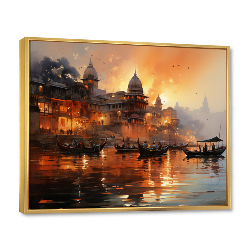 Indian Art Sunset At - Art mural indien, Cadre flottant doré, H 16 po x l 32 po x P 1 po
