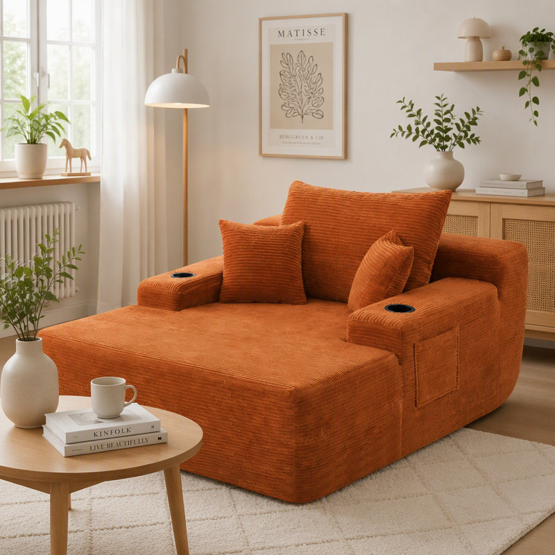 Chaise longue convertible en velours côtelé orange | Canapé-lit moelleux sans dossier avec grands accoudoirs | Porte-gobelet et coussins décoratifs inclus | Aucun assemblage requis pour le salon ou la chambre