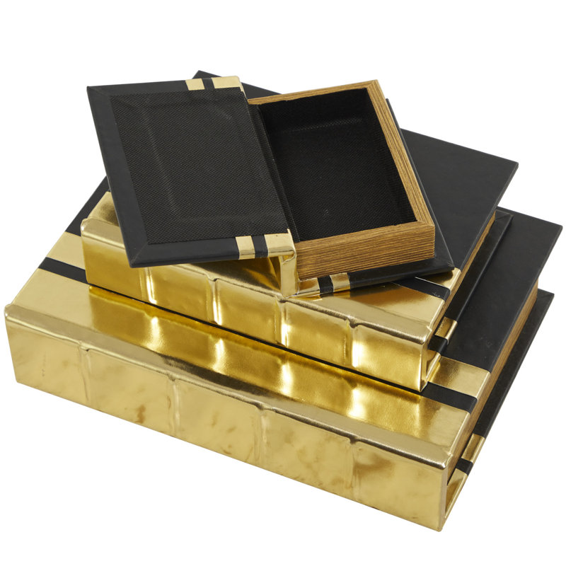 Faux Leather Storage Book Gold Decorative Box with Black Cover and Striped Spine Set