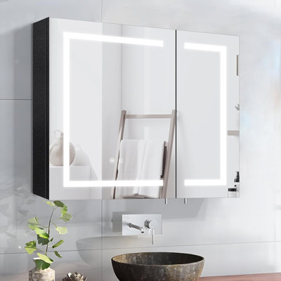 Armoire à pharmacie noire avec lumières et miroir, armoire à miroir avec anti-buée