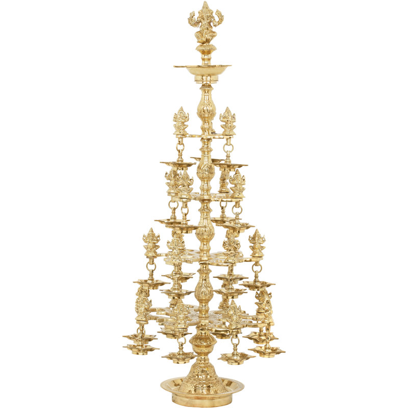 38" Large Brass Multi-Tier Ganesha Lamp with Twenty-Two Idols – Handmade Auspicious Indian Ritual Sculpture for Temple, Entryway & Luxury Décor