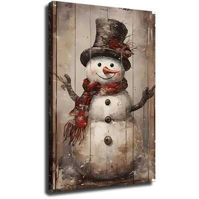 Impression sur toile encadrée en bois, impression artistique «Snowman Winter Joy», décoration murale unique et créative