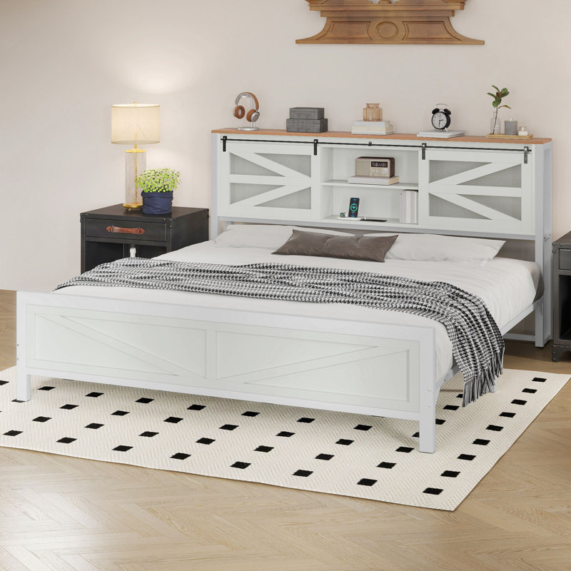 Metal Platform Bed  with Bookcase Headboard and LED Lights, Beige, King