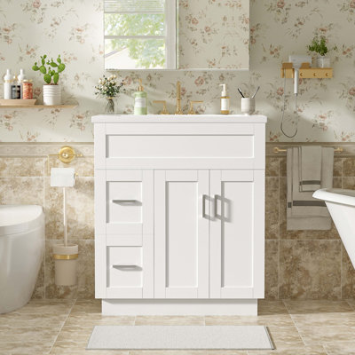 30-Inch Bathroom Vanity With 2 Doors, 2 Drawers, Adjustable Shelf, Hidden Damping Slides For Drawers & Damping Hinges For Doors