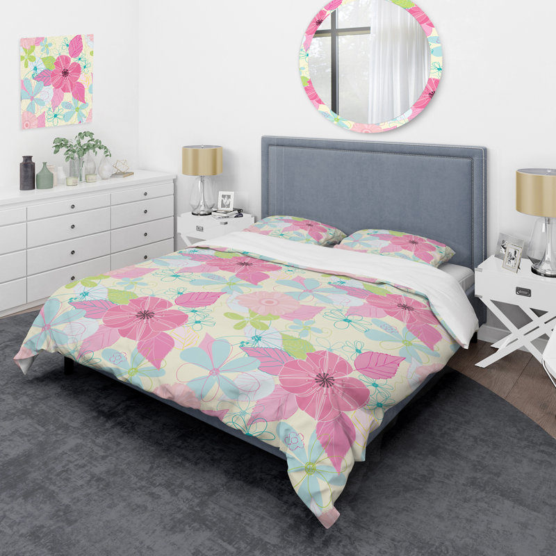 Colorful Flower On Cream Polyester Floral Duvet Cover, King Duvet Cover + 2 King Shams