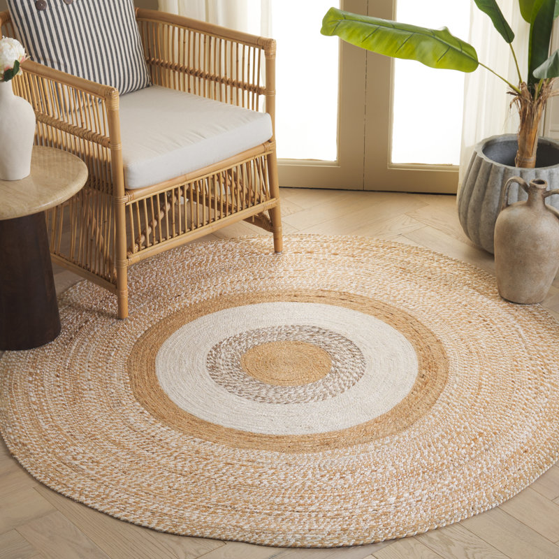 Natural Fiber Handwoven Jute Geometric Rug, Round 5'