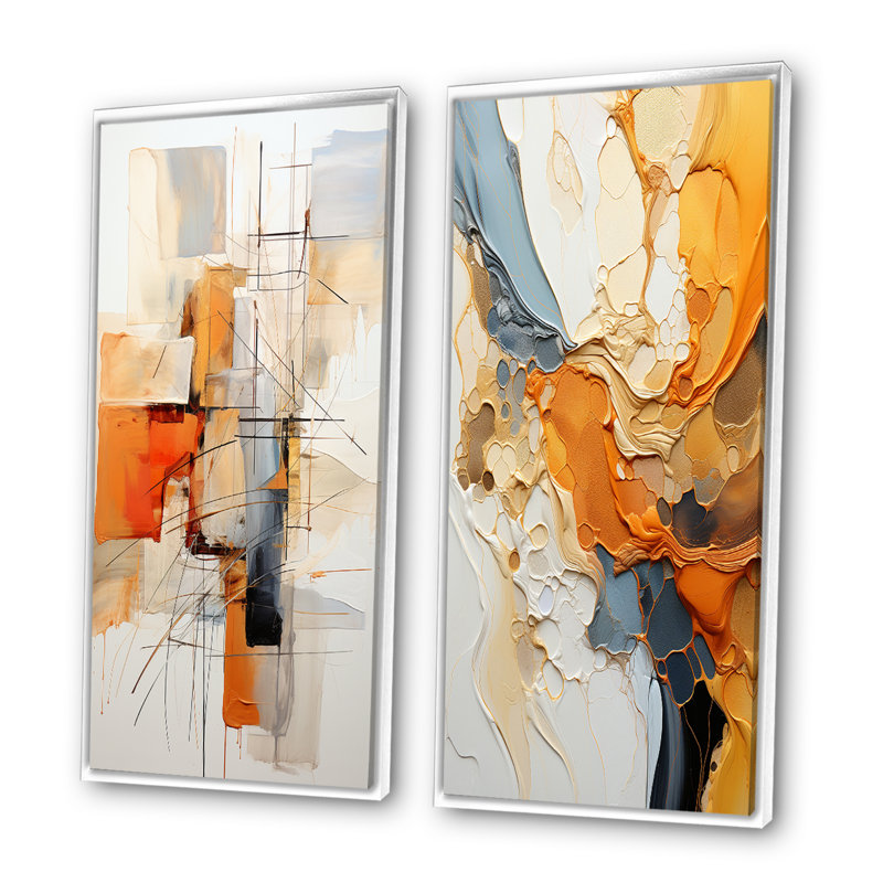 «Orange Gray Line Art Abstract Expressionism» «Orange Gray Line Art Abstract Expressionism», 2 pièces, Cadre blanc