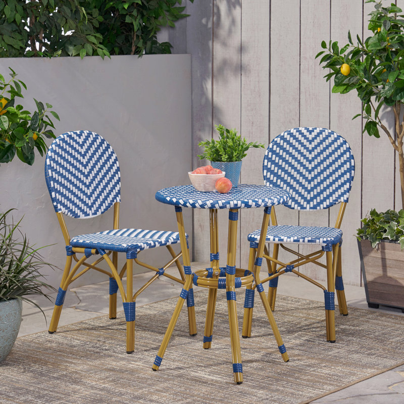 Ensemble bistro 3 pièces français d'extérieur bleu marine avec finition en bambou, Marine
