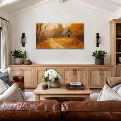 Automne, art mural paysage d'automne - décor mural d'automne avec style rétro, art mural de grange d'automne pour le salon, peintures d'automne rustiques pour mur, impressions sur toile encadrées, 16 po x 32 po