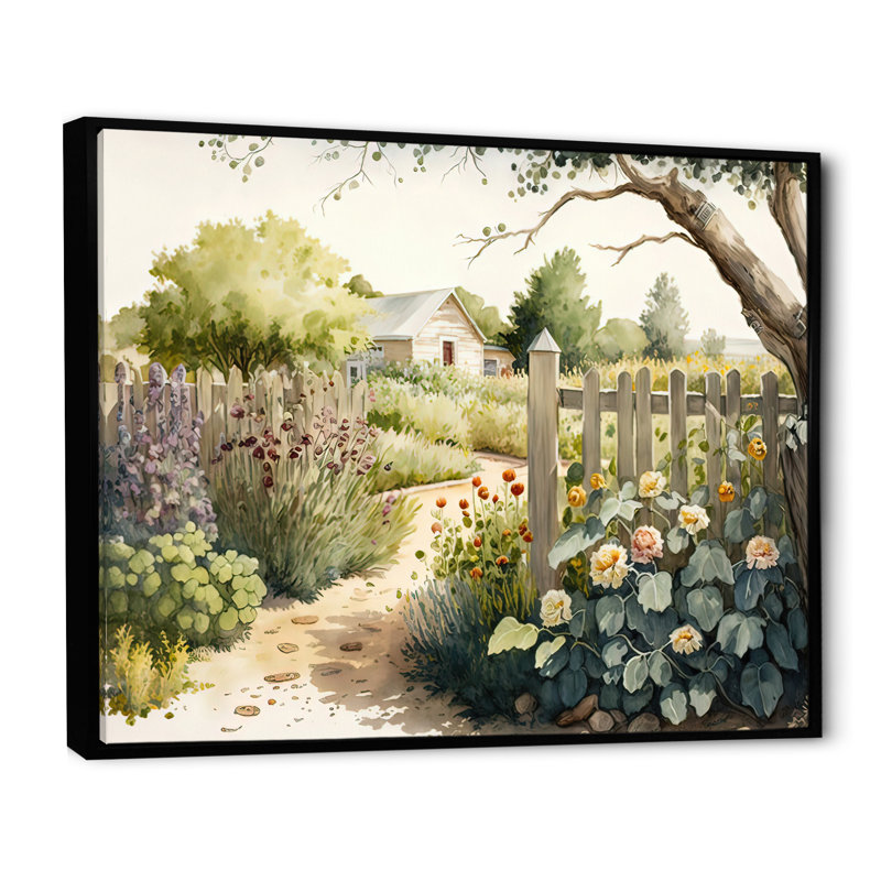 Ferme, jardin frais II - ferme, art mural, Cadre flottant noir, 24" H x 32" W