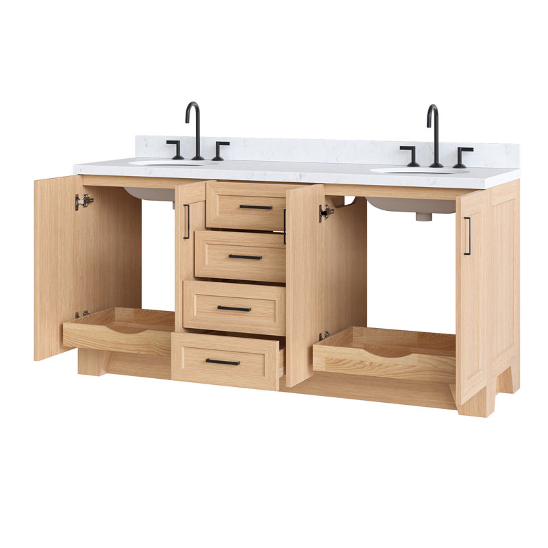 73 IN.  Single Bathroom Vanity, Oval, Natural Oak, Carrara Quartz