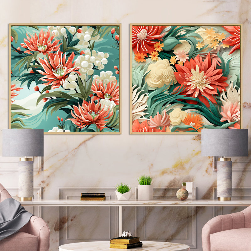 Tropical Coastal Escape - Ensemble de 2 collages carrés floraux, H 16 po x l 33 po, Cadre flottant brun