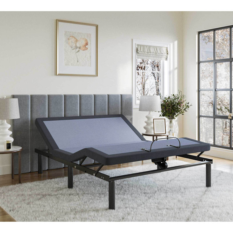 Très grand lit ajustable Bt2500 - Ajustement complet des positions, télécommande sans fil, mémoire programmable, massage du corps, capacité de 850 lb, base en tissu bleu-gris pour couvrir