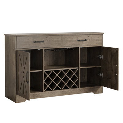 Coffee Bar Cabinet With Storage And Wine Rack, Glass Holder And 2 Drawers, Buffet Console Sideboard For Kitchen Dining Room, Oak Gray