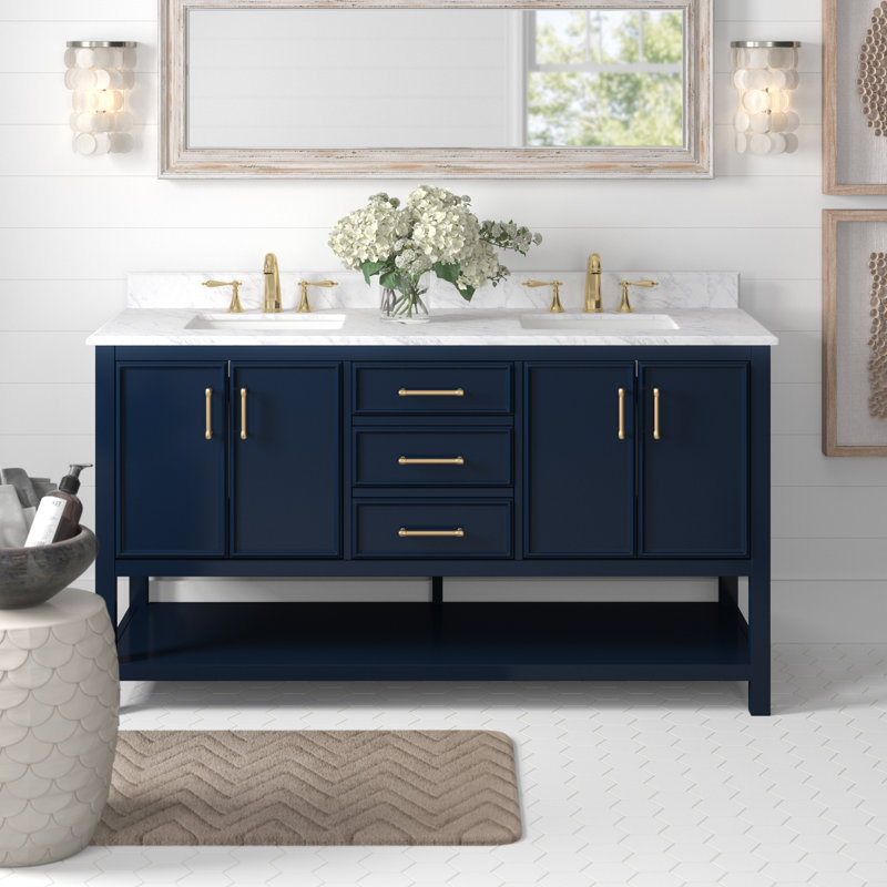 Paulene 60'' Double Bathroom Vanity with Marble Top, Navy Blue, Premium Marble