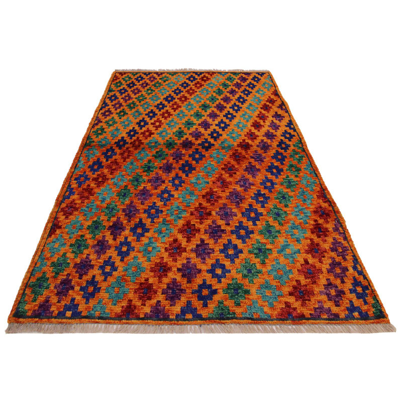 Tapis rouge / mauve / orange en laine noué à la main à motif géométrique 3 pi 4 po x 4 pi 10 po Laudalino