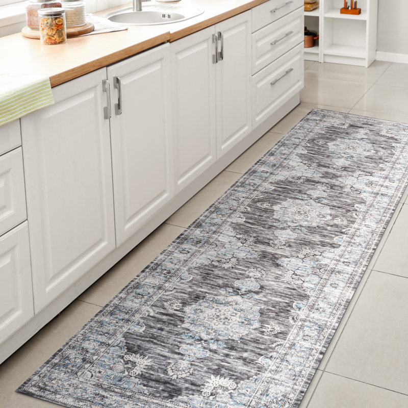 Tapis gris foncé / bleu Elloise Bohemian, Tapis de couloir 2 pi x 8 pi