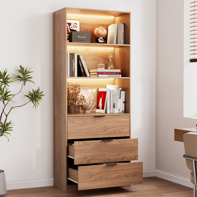 78.7" Walnut Bookcse With 3 Drawers, Display Cabinet With Led Lights