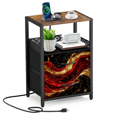Table de chevet à 2 tiroirs en tissu avec station de charge et or