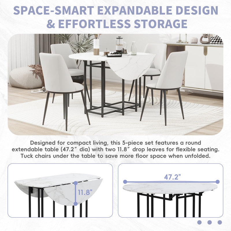  Ensemble de table de salle à manger extensible 5 pièces avec plateau rond en faux marbre, 4 chaises rembourrées, blanc et beige