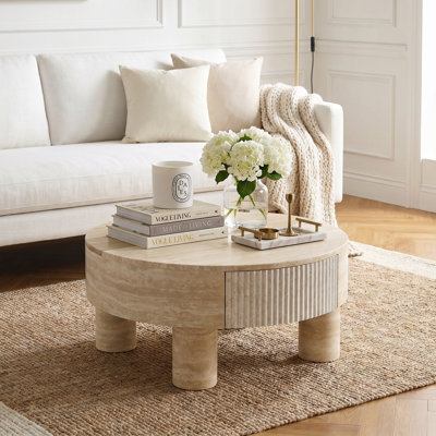 Table basse ronde de 31,5 po avec plateau rabattable et rangement caché, centre en bois beige pour petit salon