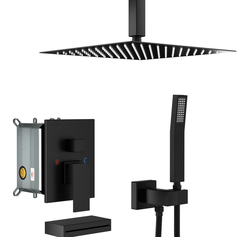 Système de douche au plafond noir mat: baignoire carrée de 12 pouces et ensemble de douche à main: pluie de 12 po, bec