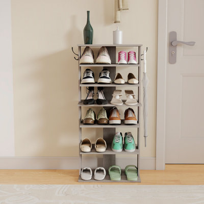 7 Tier Vertical Shoe Rack with Hooks - Entryway Shoe Storage Organizer | Space-Saving Shoe Tower for Bedroom, Closet