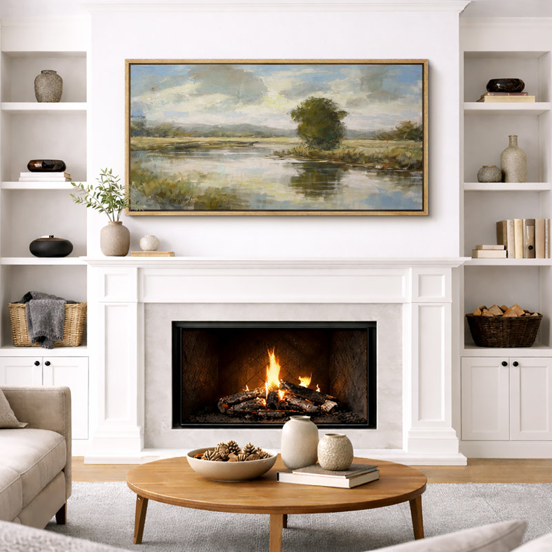 «Peaceful Countryside River», œuvre d'art de paysage rustique prairie, impression sur toile encadrée, H 30 po x l 60 po