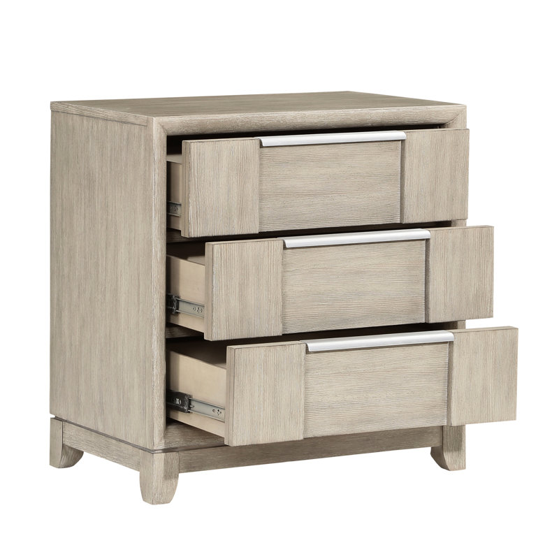 Armoire de chevet moderne à 3 tiroirs avec port de charge gris pour chambre à coucher, quincaillerie en métal fini, glissières de roulement, poignées en placage de bois de frêne, H 28 po x 17,5 po