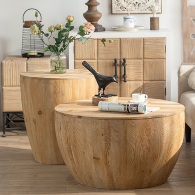 Table basse Antilles en forme de seau - 2 pièces. Bois. Fonction de rangement. Capacité de charge de 220 lb. Pas d'assemblage. Nettoyage simple à l'huile antique. Coloration naturelle de style rétro 2 pièces. Bois et bois. Propre