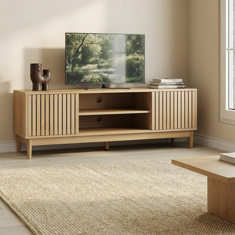55-inch Mid-Century Modern Entertainment Center with Storage, Ideal for Living Rooms and Bedrooms, Oak