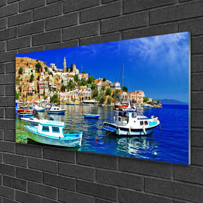 Boats City Sea 1 Piece Wall Art on Glass