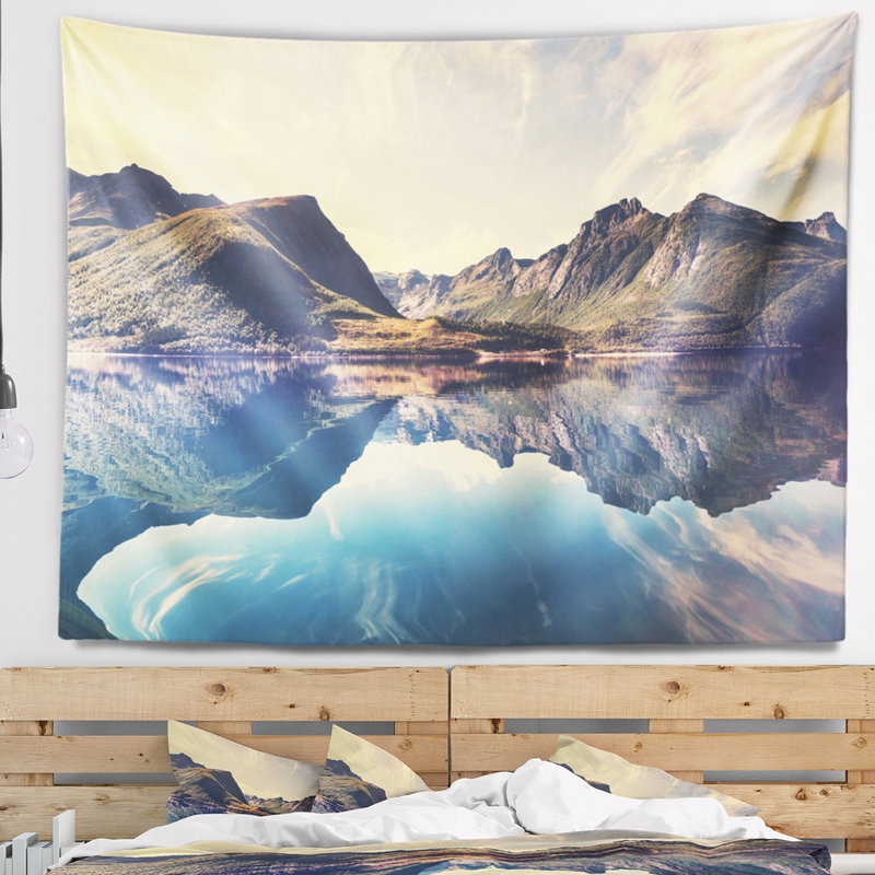 Paysage photographie norvège été montagnes tapisserie, H 32 po x l 39 po