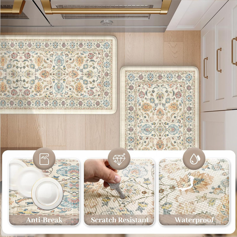 Boho Vintage Kitchen Rugs Sets of 2 Comfort Standing Mat, Cream, 119cm L x 44cm W