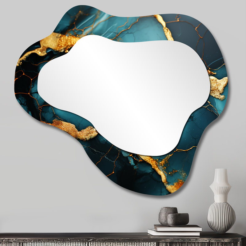 Green and Gold topaz Agate Granite I - Abstract Asymmetrical Decorative Mirror, Modern Cloud Wall Mirror, Printed Metal Art