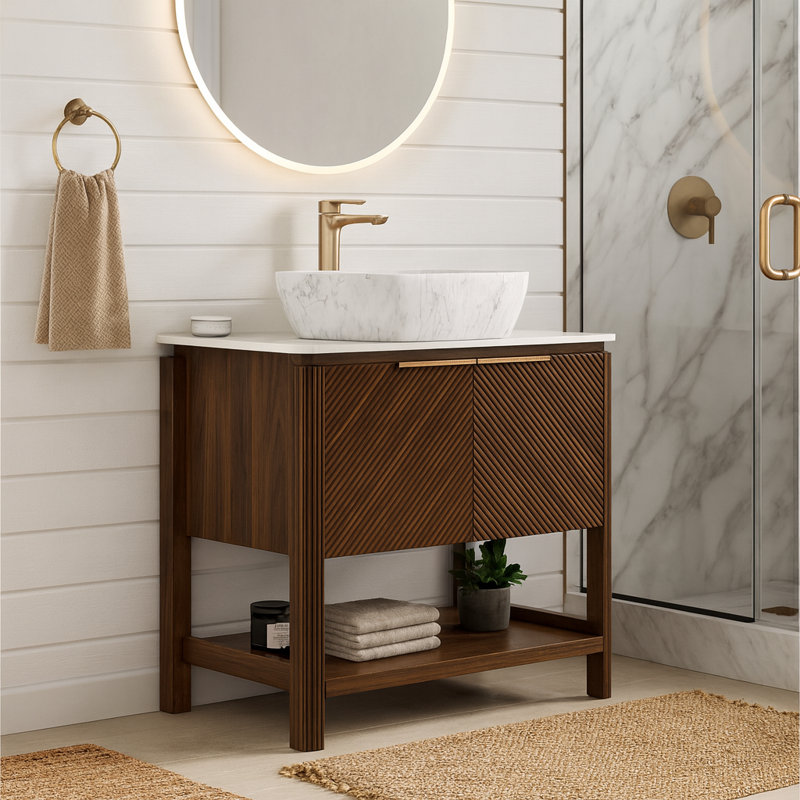 Meuble-lavabo autoportant moderne de 36 po avec lavabo vasque en marbre, dessus en pierre frittée Carrara et portes en bois cannelé, rangement à fermeture en douceur, noyer foncé